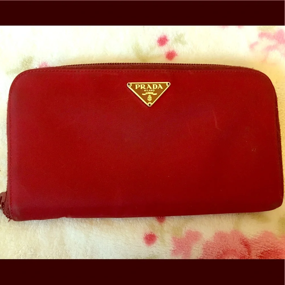 Prada Red Zip-Around Wallet with Gold Logo